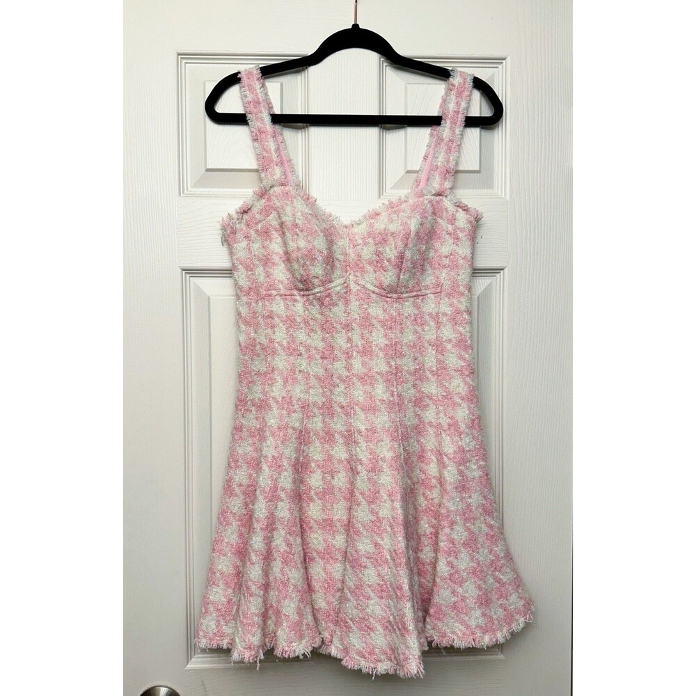 LoveShackFancy Tweed Mini Dress Women’s Size 6 Josalie Wool Houndstooth Pink New - Picture 4 of 10